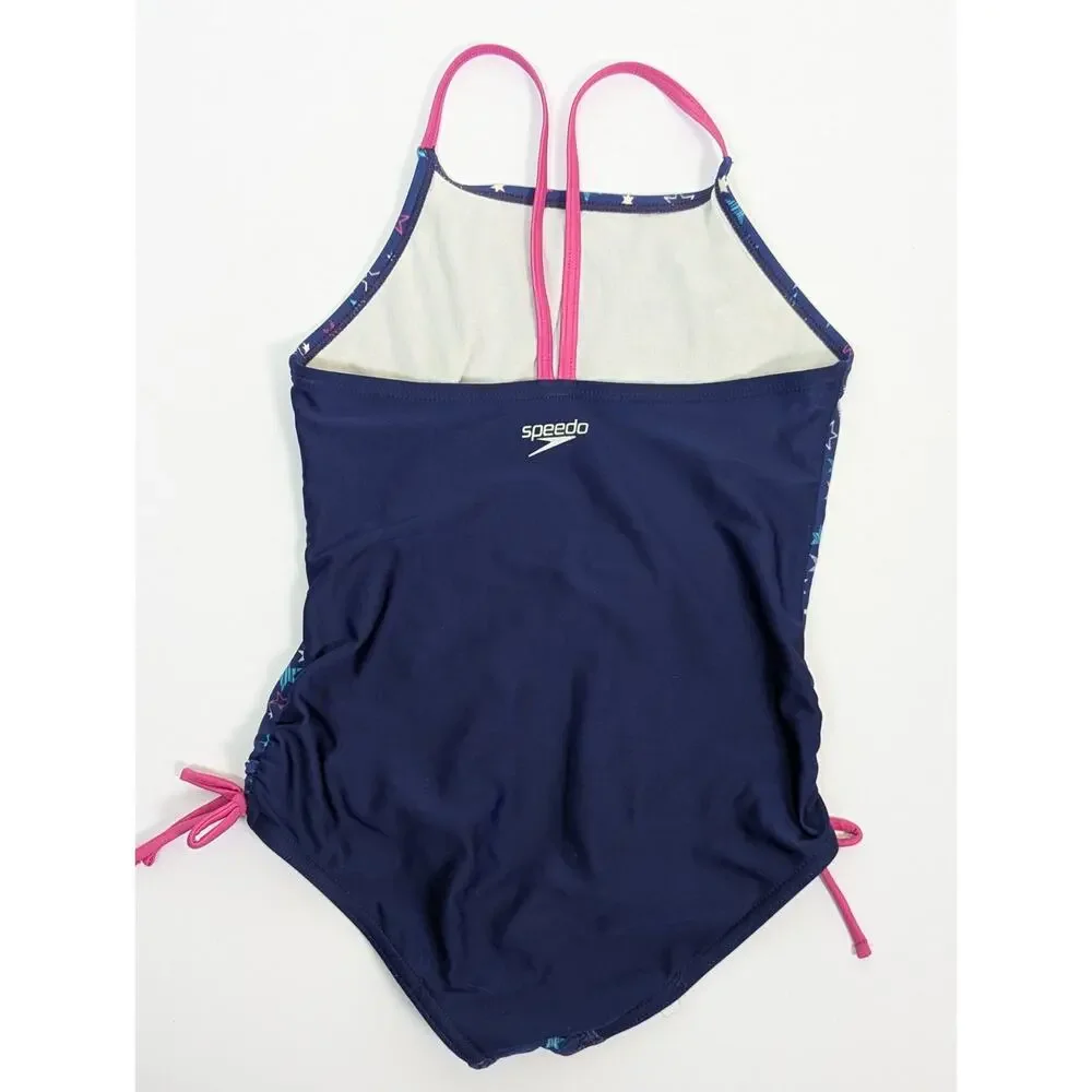 Speedo Girls One Piece Swimsuit Navy Blue Pink Multi Stars Tie Side Size M